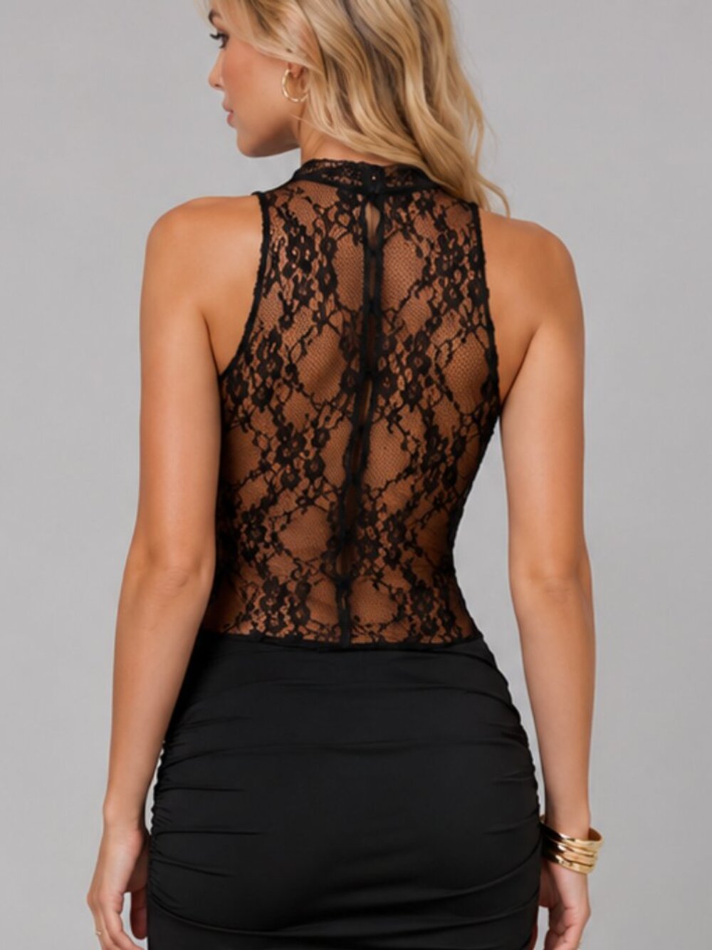 Women's Black Lace Maxi Dress Mock Neck Bodycon Sheer Evening Party Gown - Picture 3 of 5